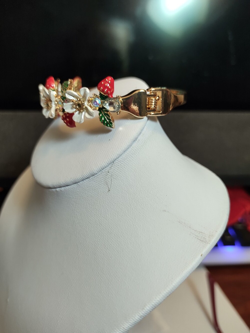 Floral & Strawberry Enamel Bracelet in Gold Tone - Picture 4 of 5